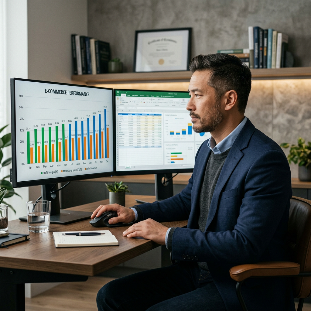 Financial professional analyzing a colorful bar chart showing e-commerce profit margins and advertising spend on a dual-