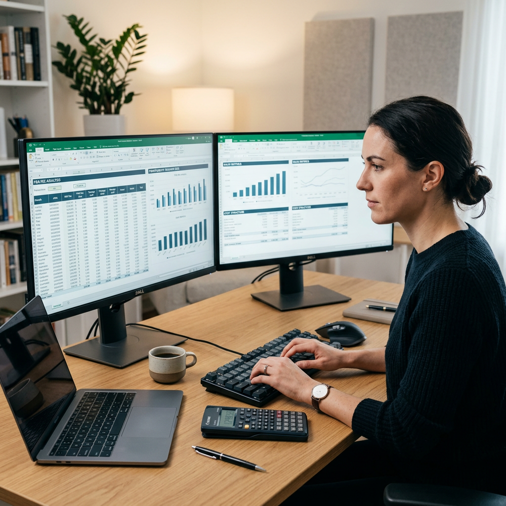 A high-tech digital workspace with a dual-monitor setup showing complex financial spreadsheets, a calculator, and minima
