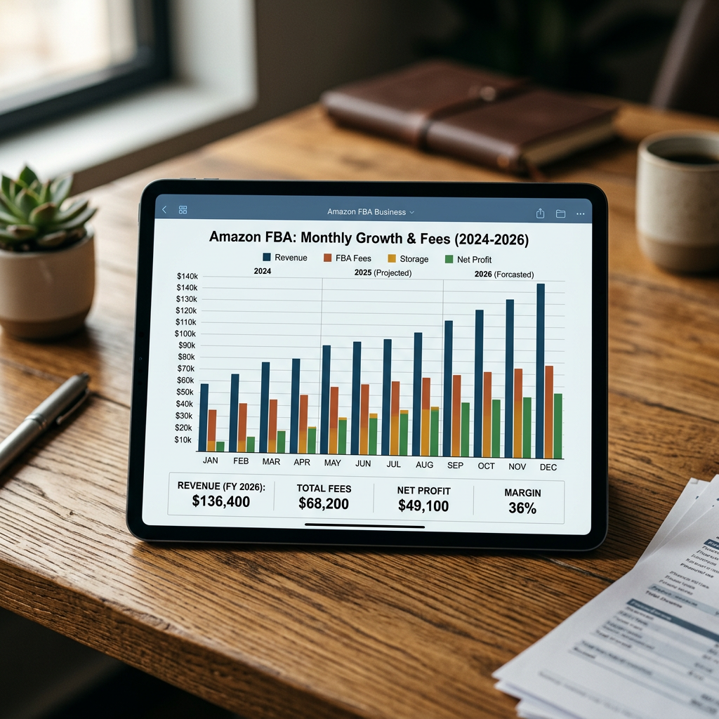 A close-up view of a tablet screen displaying a detailed bar chart of monthly business growth and logistics expenses on