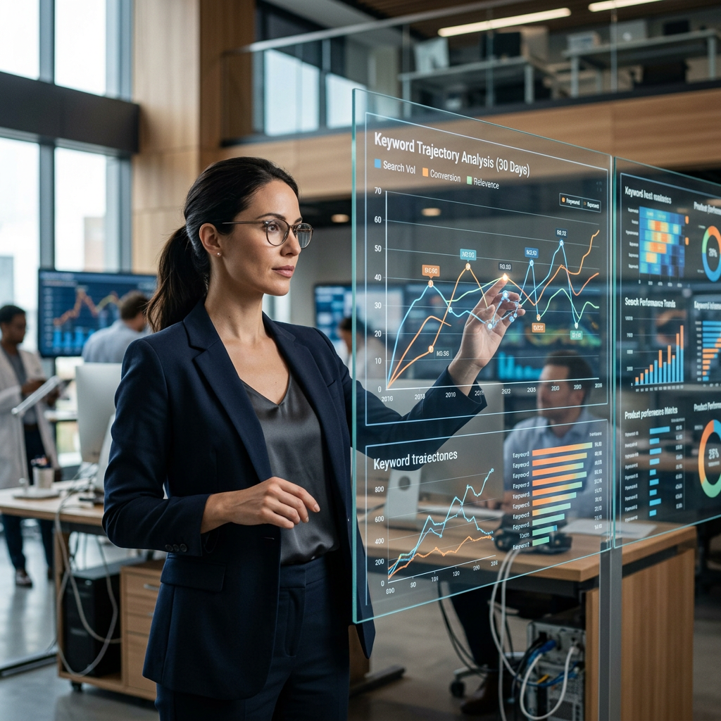 A high-tech laboratory setting with transparent glass screens displaying complex data visualizations of keyword trajecto