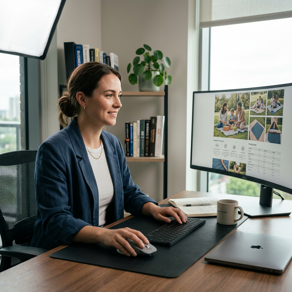 A modern office desk with a large curved monitor showing a beautiful A+ content layout with lifestyle photography
