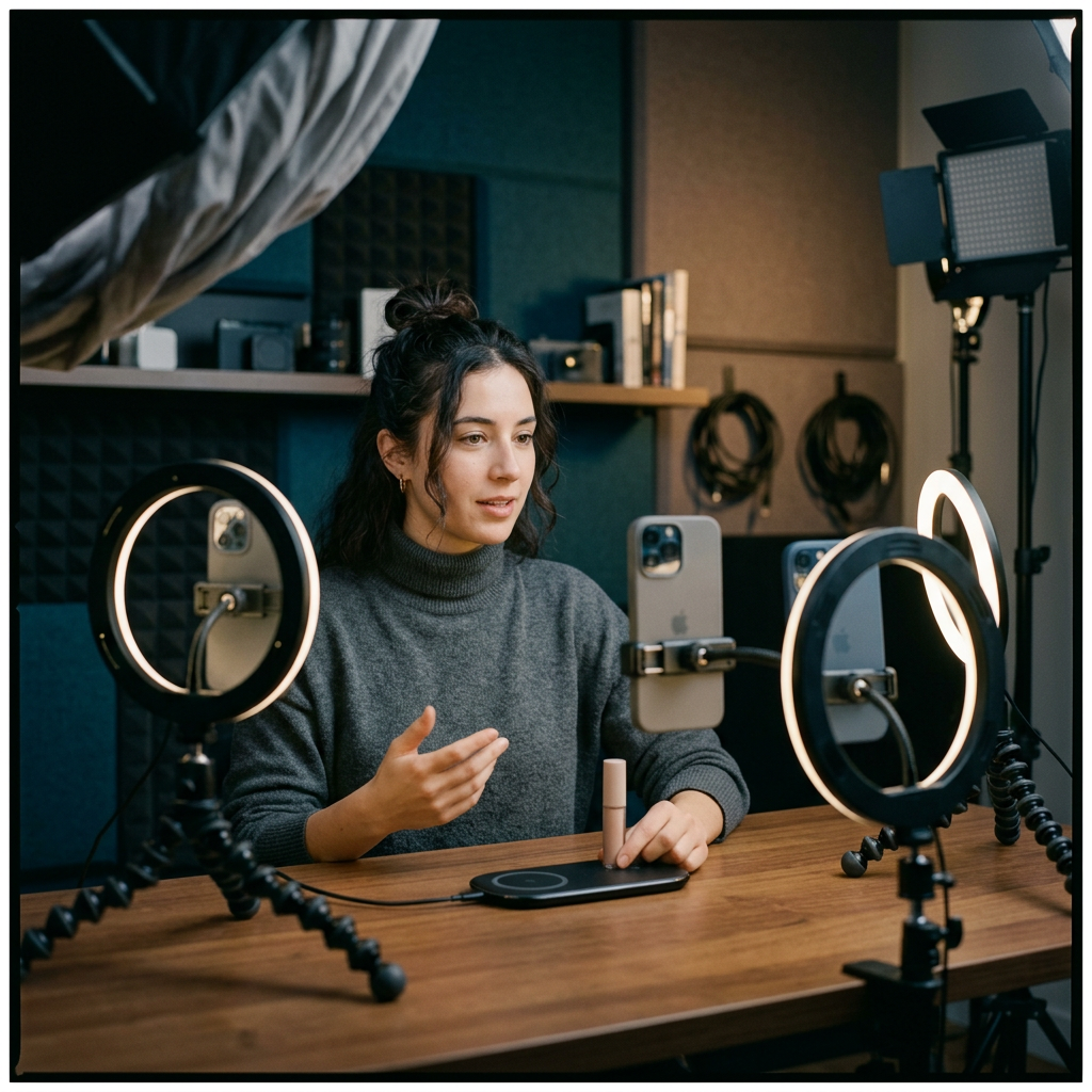 A high-tech content creator studio with professional lighting and multiple smartphone setups capturing a product demonst