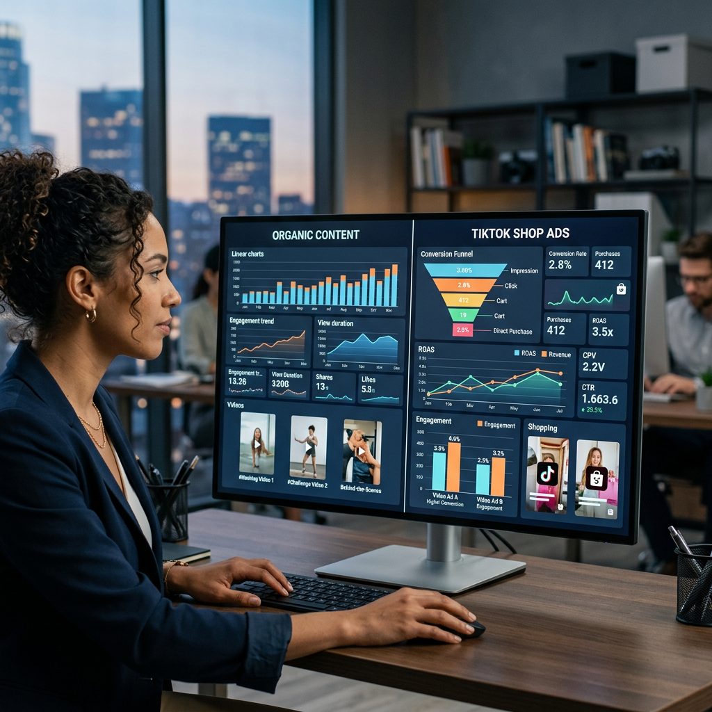 A split-screen digital dashboard showing real-time engagement metrics and conversion charts for different video advertis