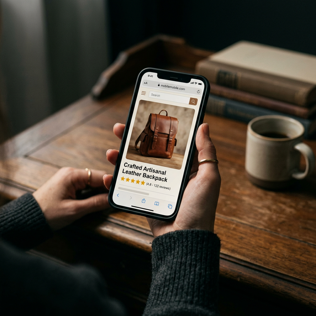 A moody, professional studio setting showing a smartphone displaying a high-quality product search result with gold star
