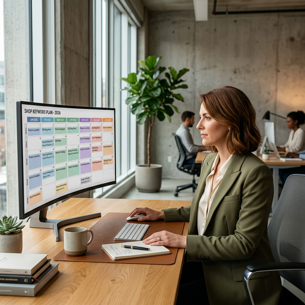 A bright, modern office space with a large monitor showing a complex but organized content calendar with color-coded blo