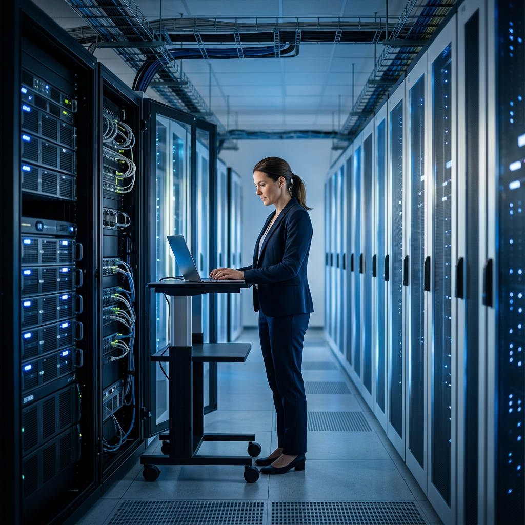 A wide shot of a clean, high-tech server room with soft blue lighting, representing the speed and infrastructure of e-co