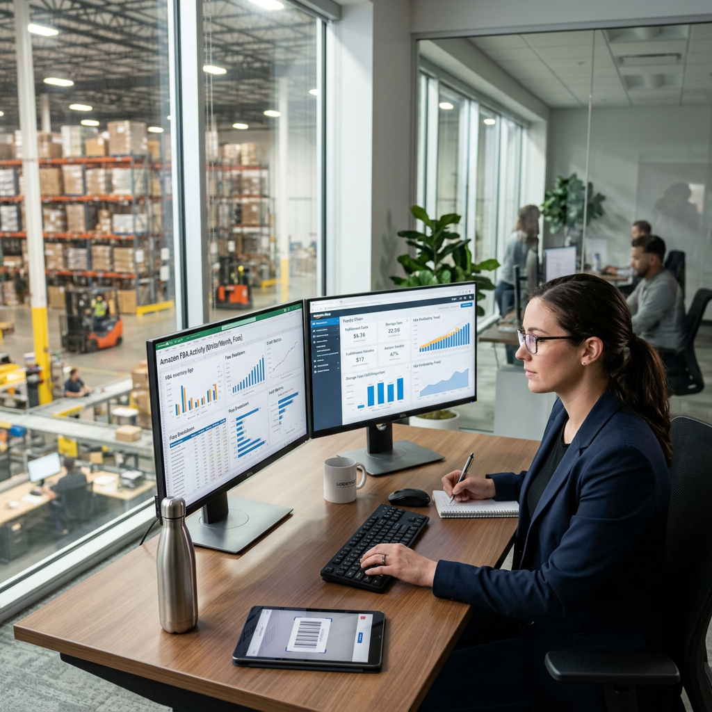 A focused supply chain manager analyzing inventory data on a dual-monitor setup in a modern, sunlit corporate warehouse