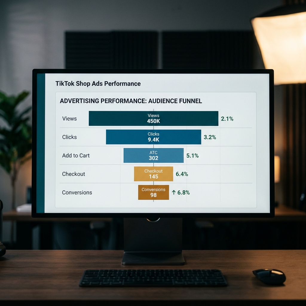 A clear digital dashboard showing segmented audience bars with increasing conversion percentages as the funnel narrows f