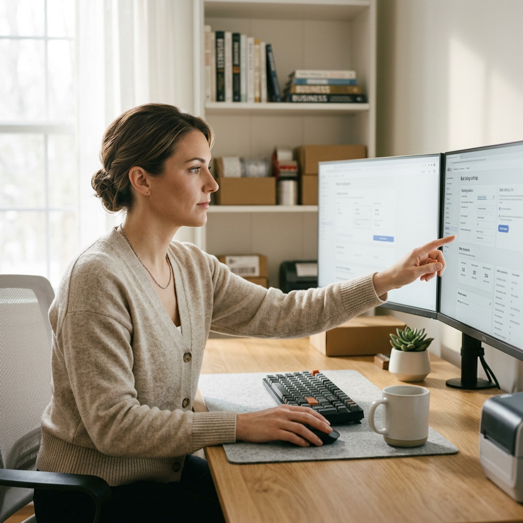 A clean, minimalist workspace showing a professional seller adjusting eBay account settings on a sleek dual-monitor setu