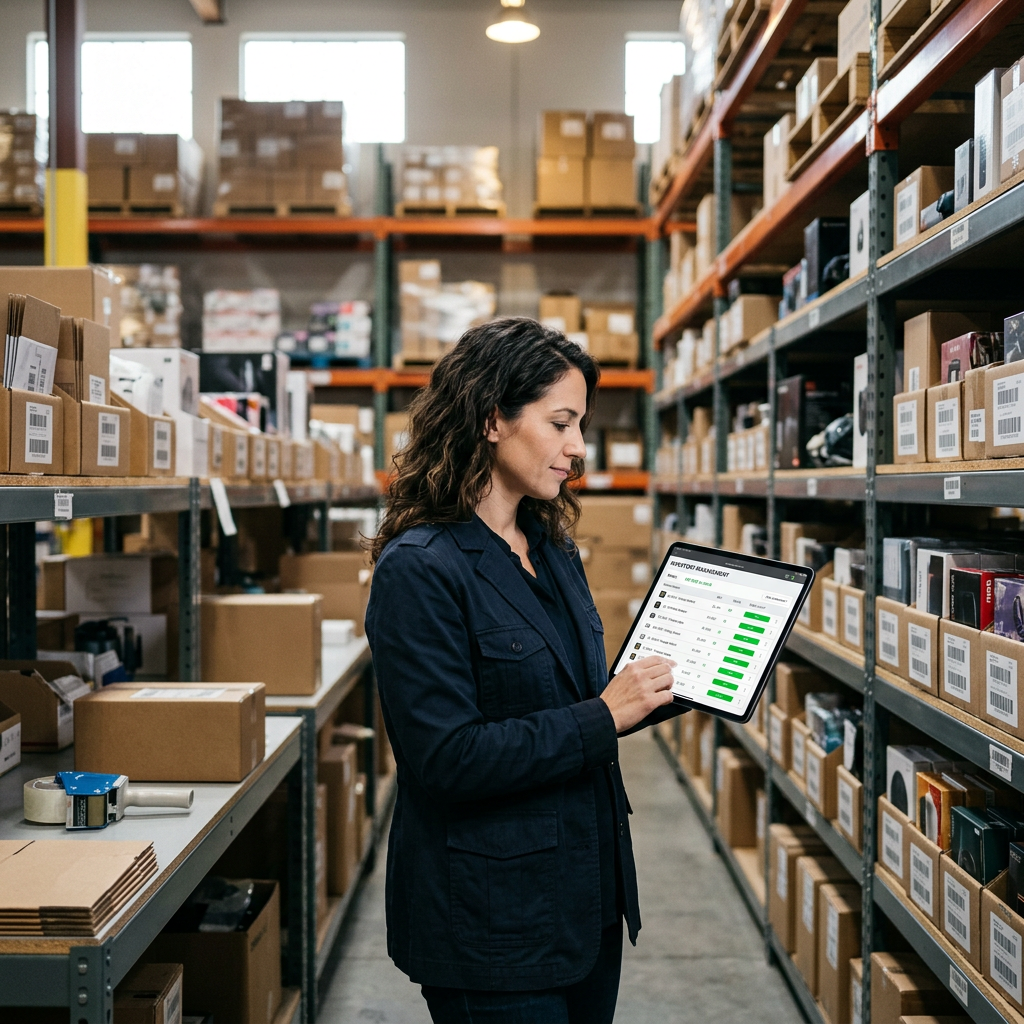 A high-end warehouse logistics center with organized shelves and a tablet displaying inventory management software showi
