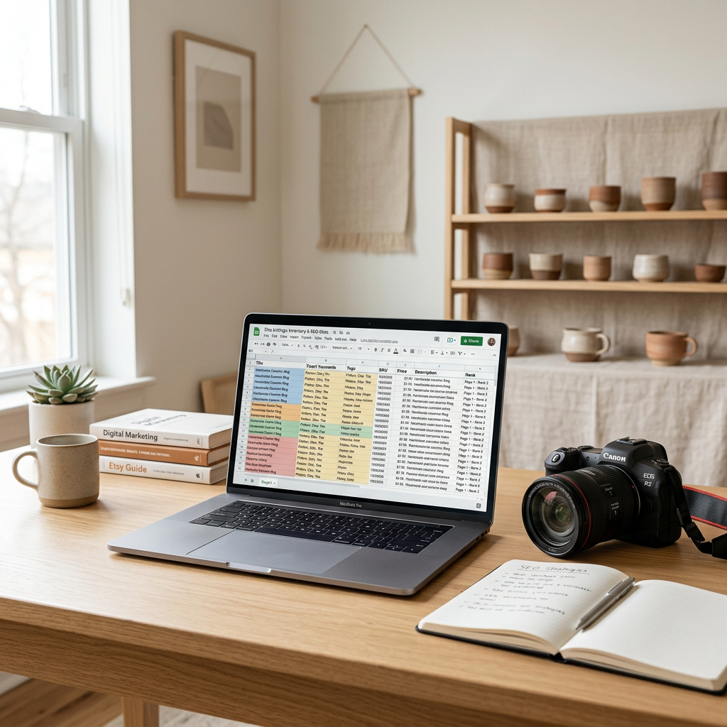 A clean minimalist workspace with a laptop showing a detailed inventory spreadsheet and professional camera equipment fo