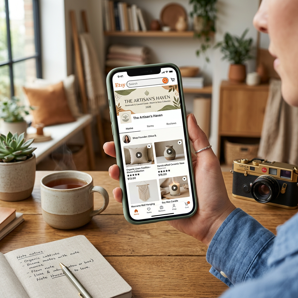 A smartphone displaying a vibrant Etsy shop page with clear product videos and updated 2026 branding banners
