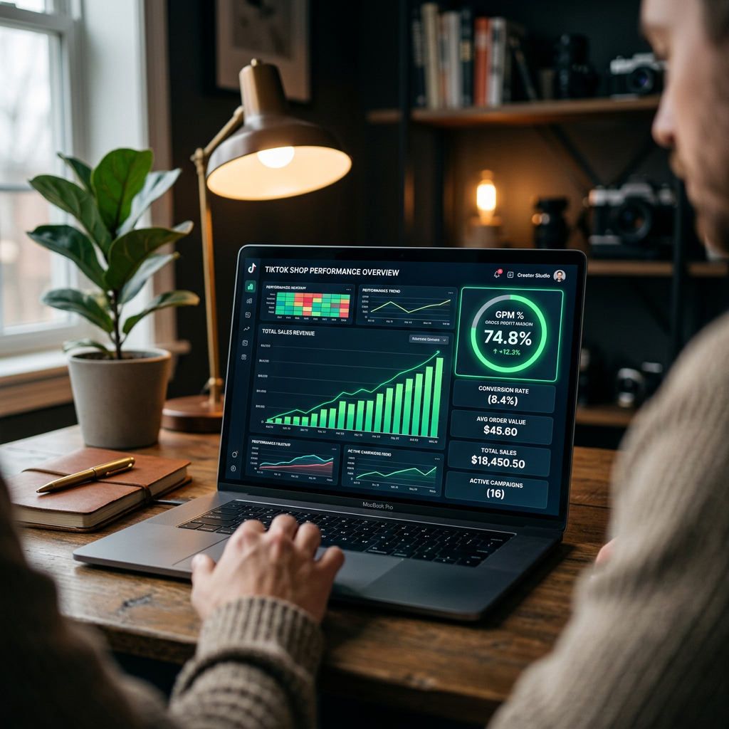 A high-resolution laptop screen displaying a data dashboard with rising green bar charts and a prominent GPM percentage