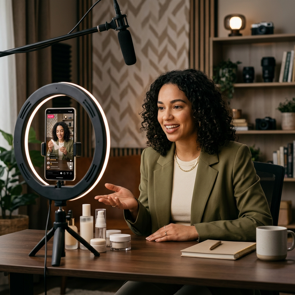 A professional creator studio setup with a ring light reflecting in a smartphone screen showing a live shopping interfac