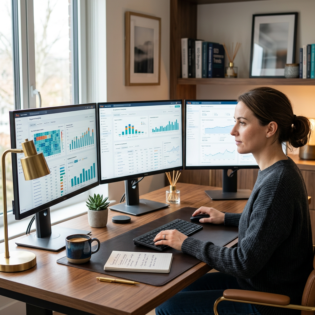 A high-end home office setup with three monitors displaying dense data charts, search volume heatmaps, and e-commerce an