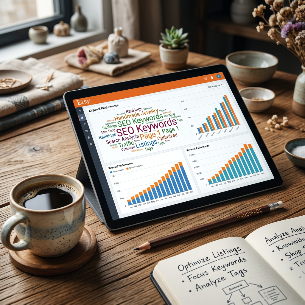 A macro photograph of a wooden desk with a tablet showing a colorful keyword cloud and bar graphs next to a cup of coffe