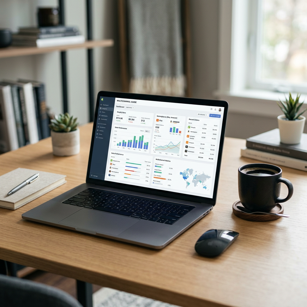 A minimalist workstation with a sleek laptop showing a clean data dashboard and a cup of black coffee