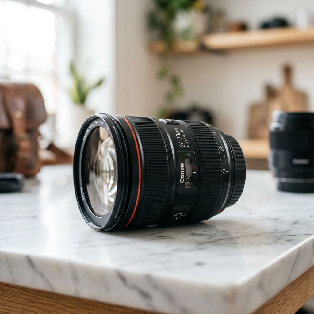 A close-up of a high-end camera lens resting on a white marble surface with soft natural lighting