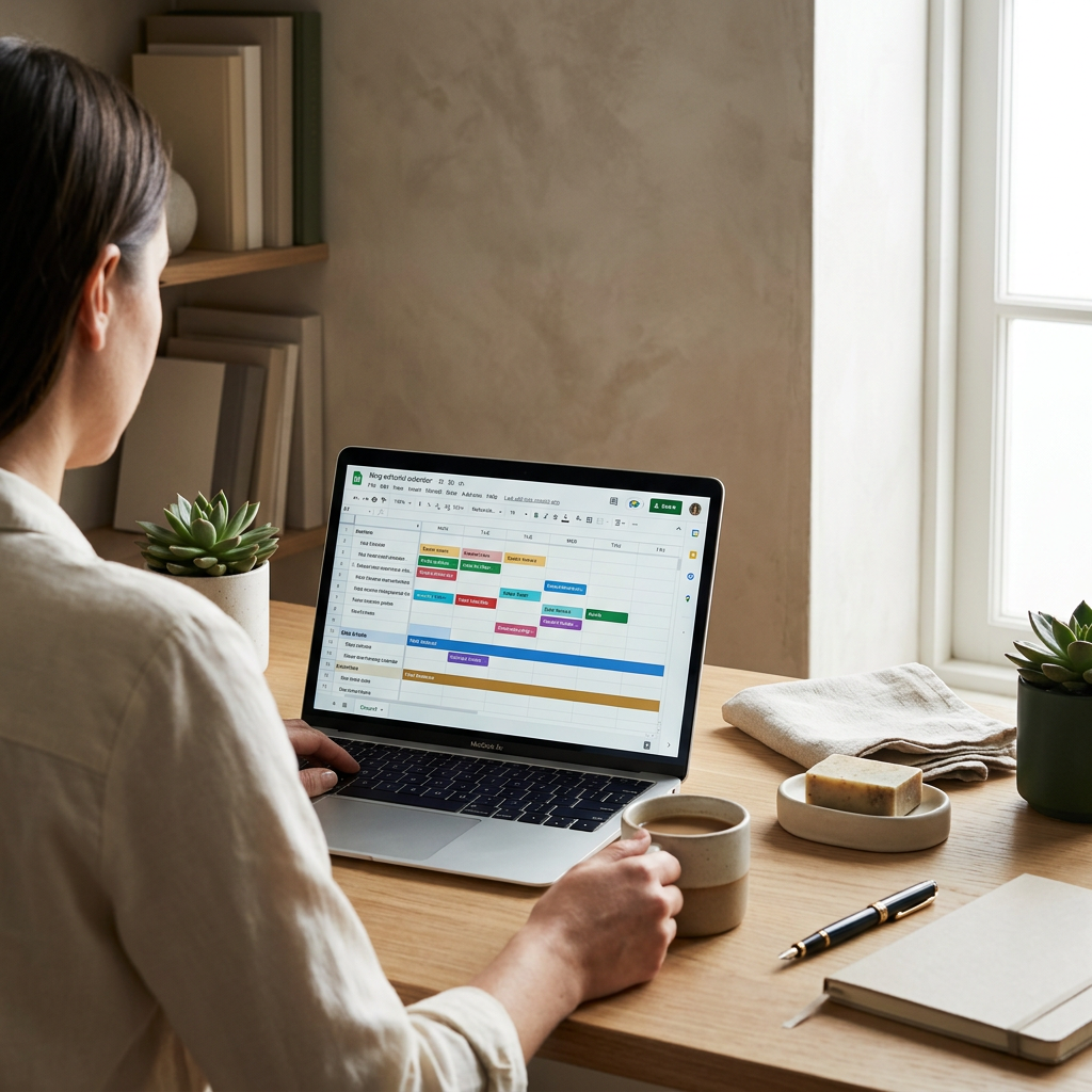 A minimalist workspace with a laptop showing a complex content calendar and a physical product prototype nearby, soft mo