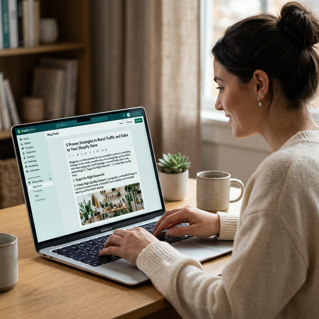 A close-up of a screen displaying a Shopify dashboard and a well-formatted blog post with clean typography and spacing