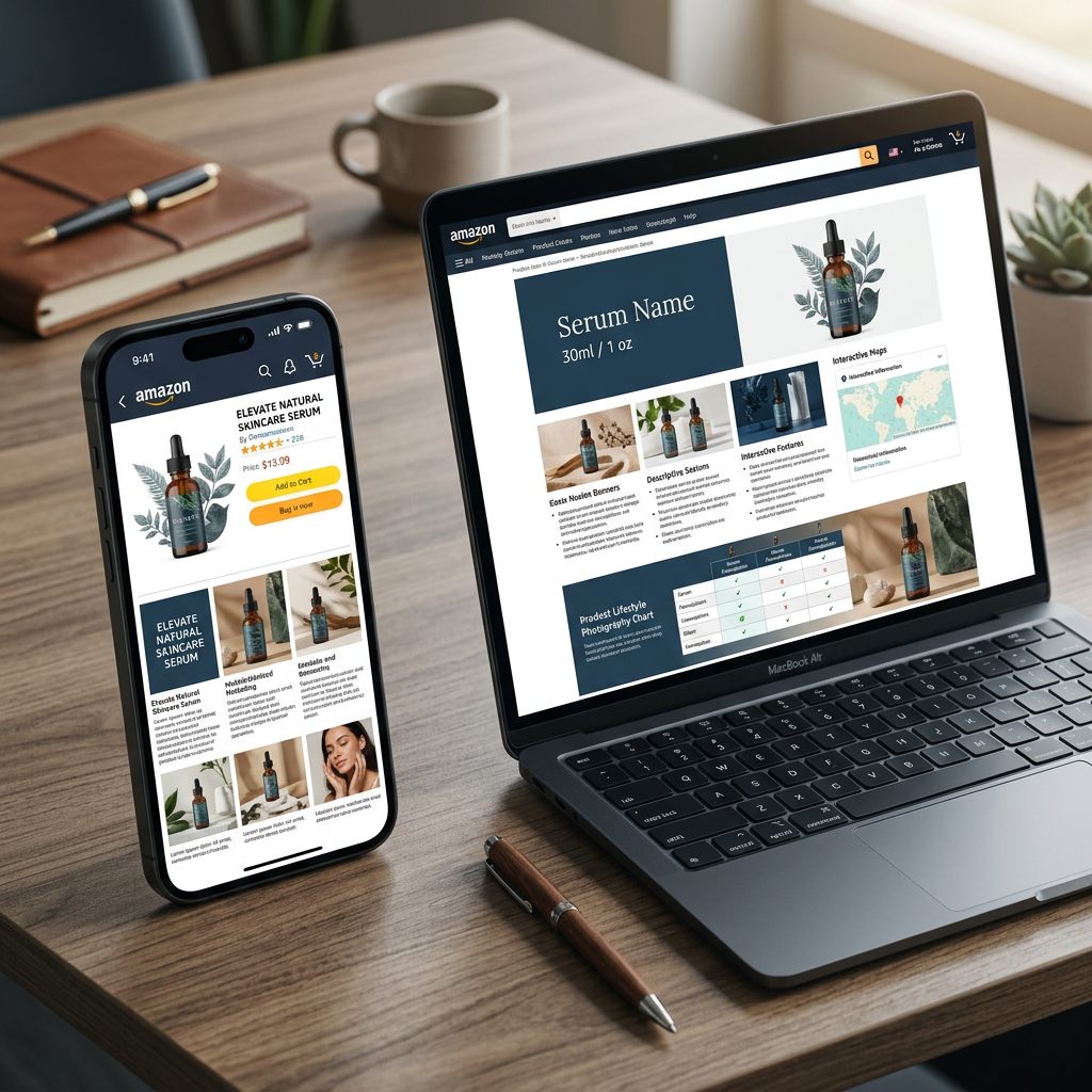 A split-screen view showing an Amazon product page on a modern high-end smartphone on the left and a sleek laptop on the