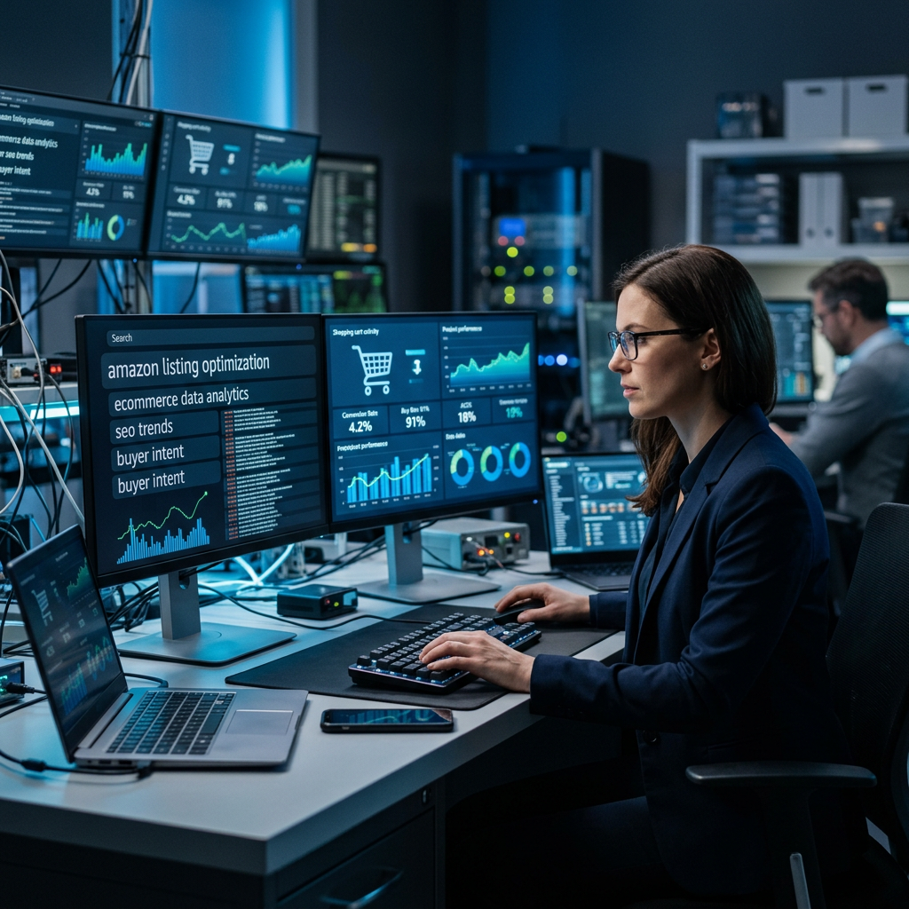 A high-tech laboratory setting with split screens showing data streams of search queries and shopping carts, cool blue l