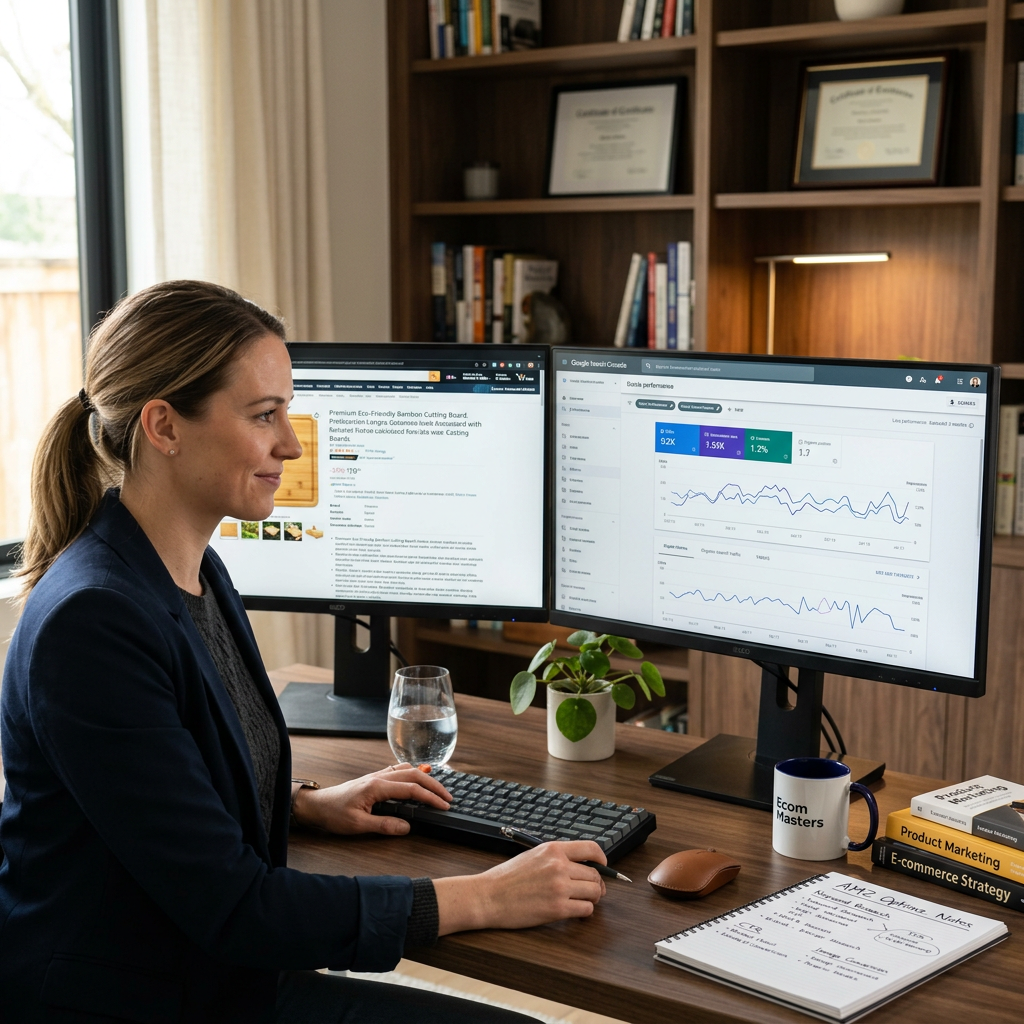 A professional workspace with a dual-monitor setup showing an Amazon product page and a Google Search Console dashboard
