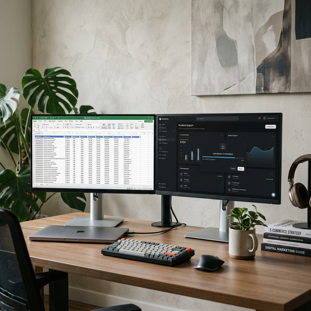 A clean minimalist desk with a dual-monitor setup showing a complex spreadsheet being imported into a sleek Shopify admi