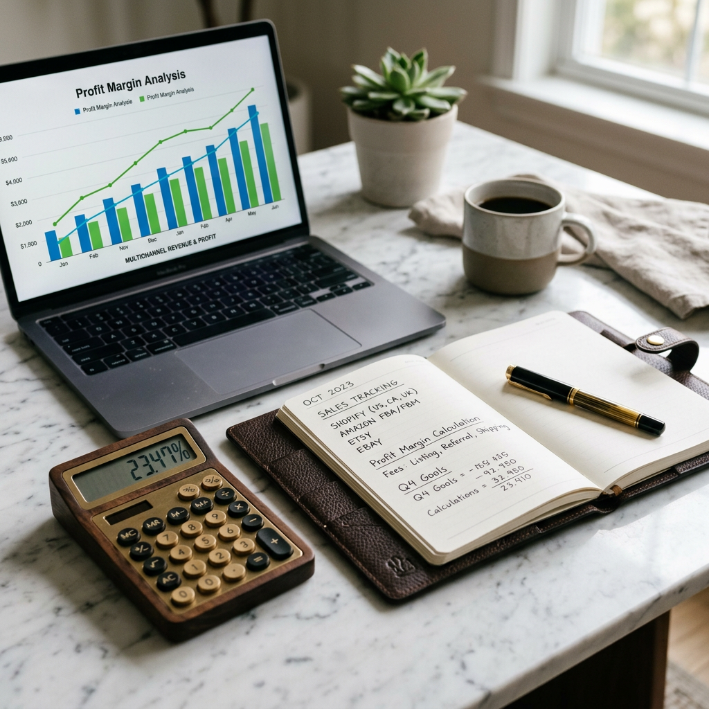 A close-up of a high-end leather planner and a calculator on a marble surface next to a laptop displaying a profit margi