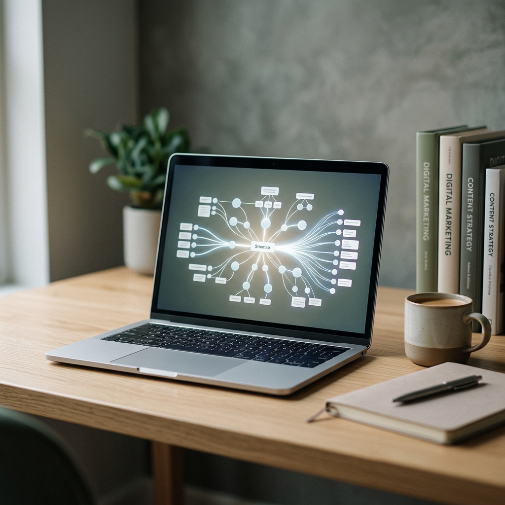 A minimalist workstation with a sleek laptop showing a complex site map visualization with interconnected nodes and glow