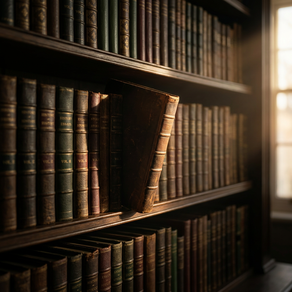 A well-organized library shelf with leather-bound books where one book is pulled forward, catching a beam of morning sun