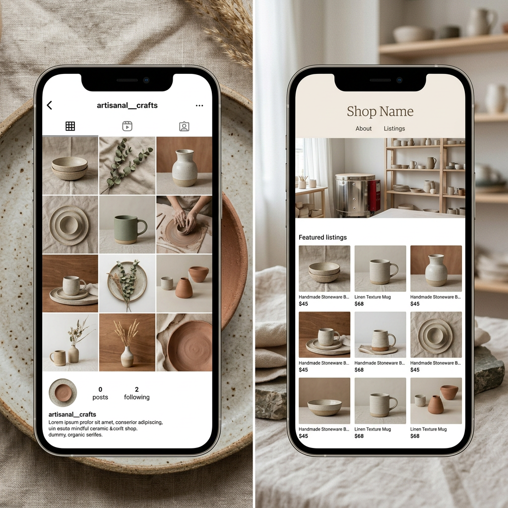 A split-screen view showing a minimalist Instagram grid on the left and a matching Etsy storefront on the right with ide