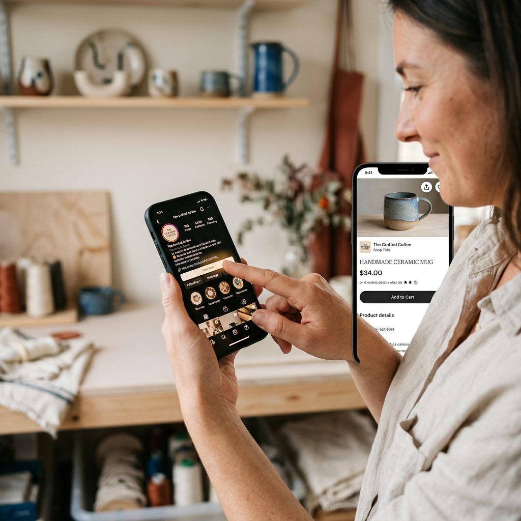 A smartphone displaying an Instagram bio link being tapped, transitioning smoothly to a mobile-optimized Etsy listing wi