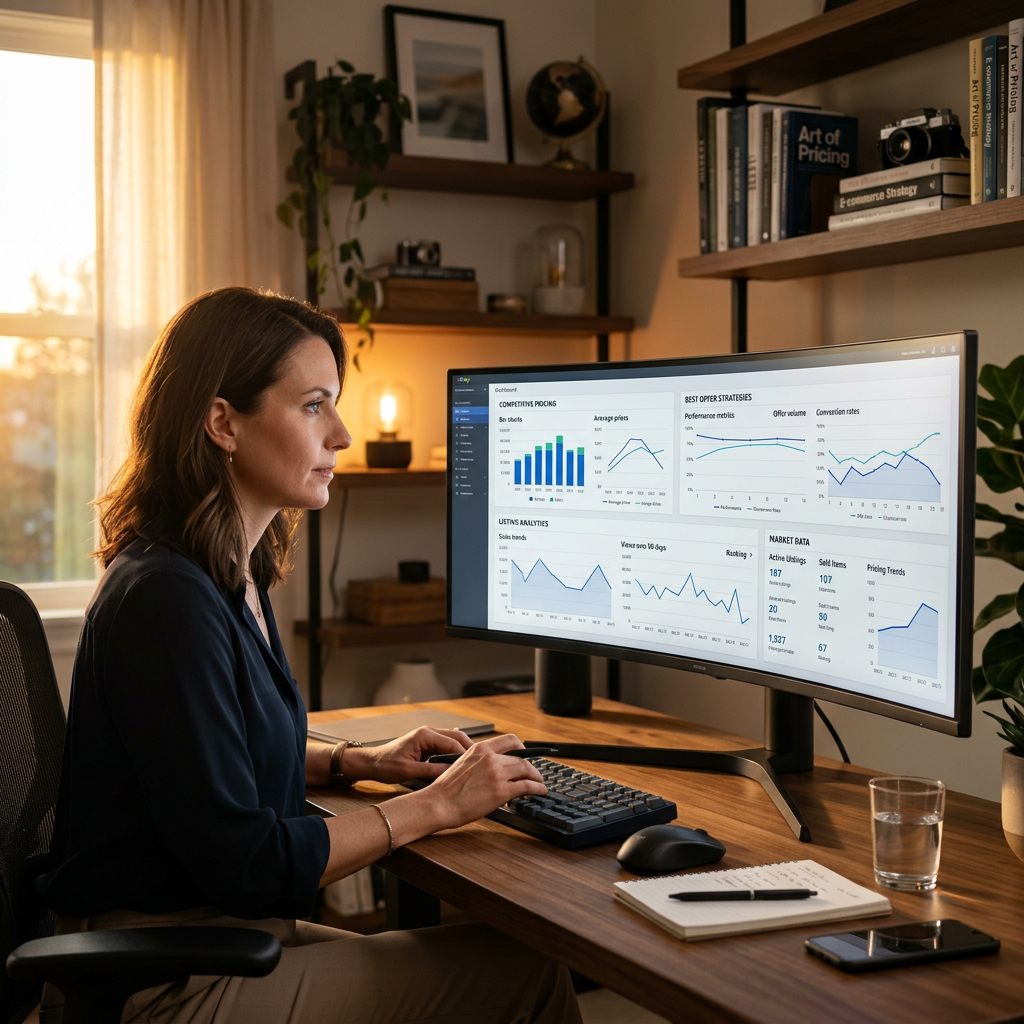 A high-end workspace showing a seller reviewing professional eBay listing analytics on an ultrawide monitor with soft ev