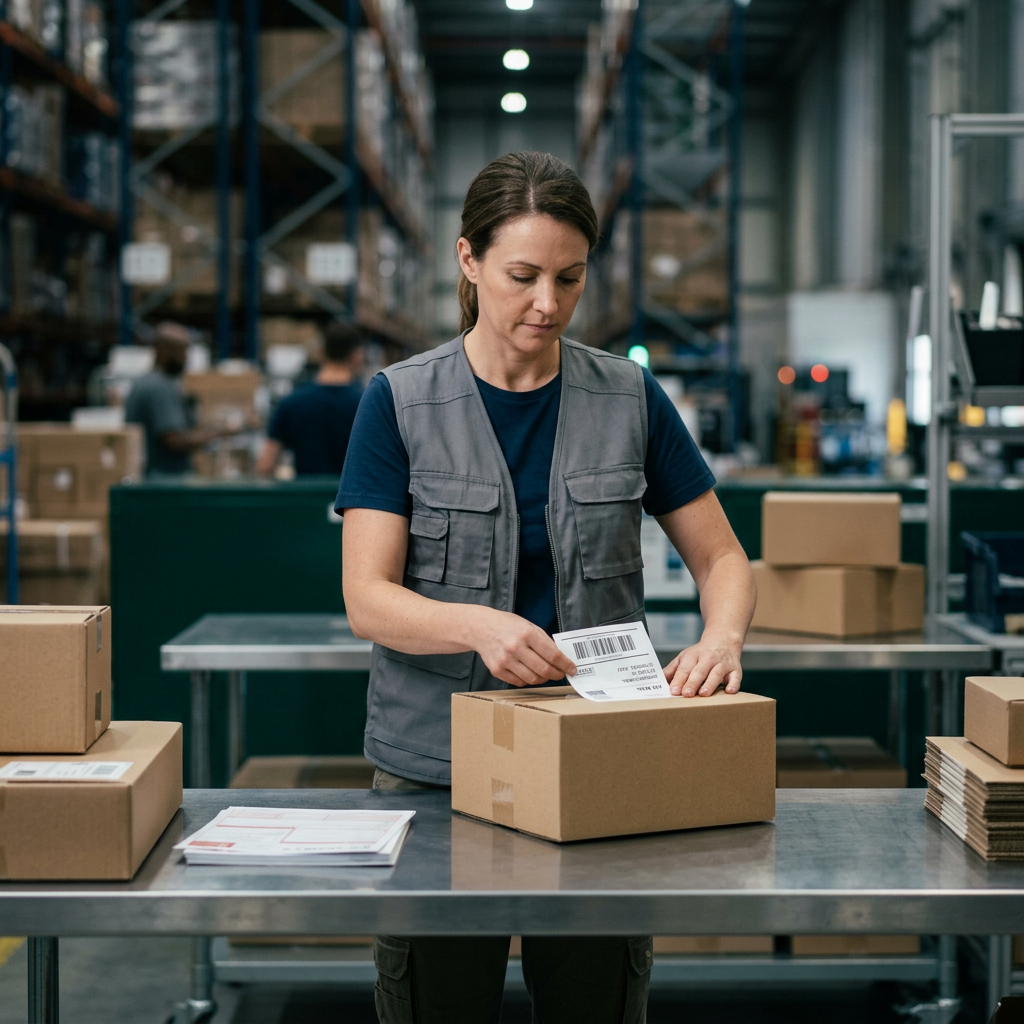A modern distribution warehouse with organized shelves and a focused worker preparing a parcel for international shipmen