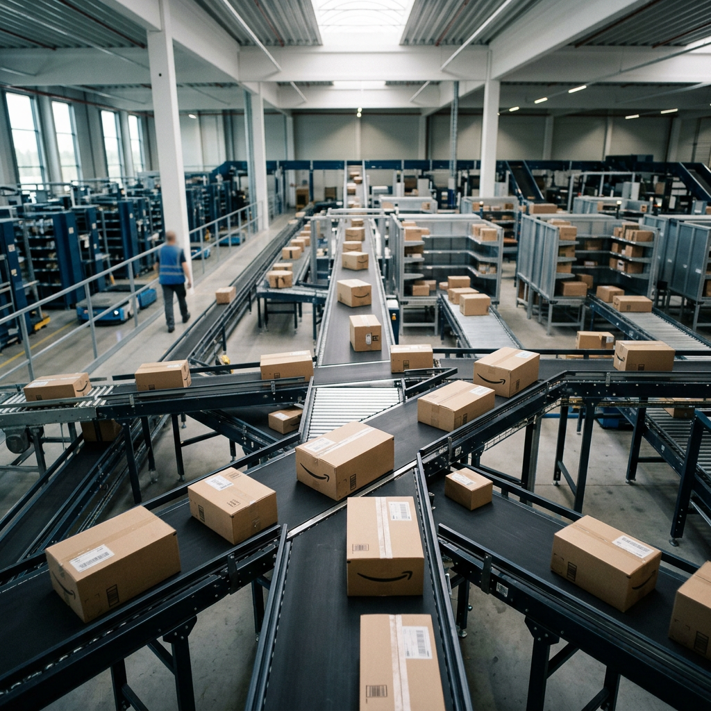 A high-angle shot of a modern, brightly lit fulfillment center with automated conveyor belts moving labeled cardboard bo