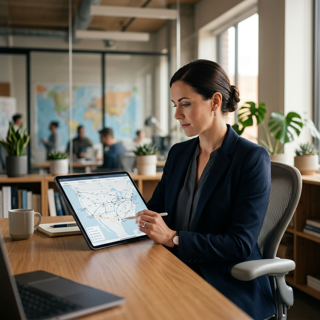 A professional logistics planner using a tablet to analyze shipping routes on a digital map in a clean office setting