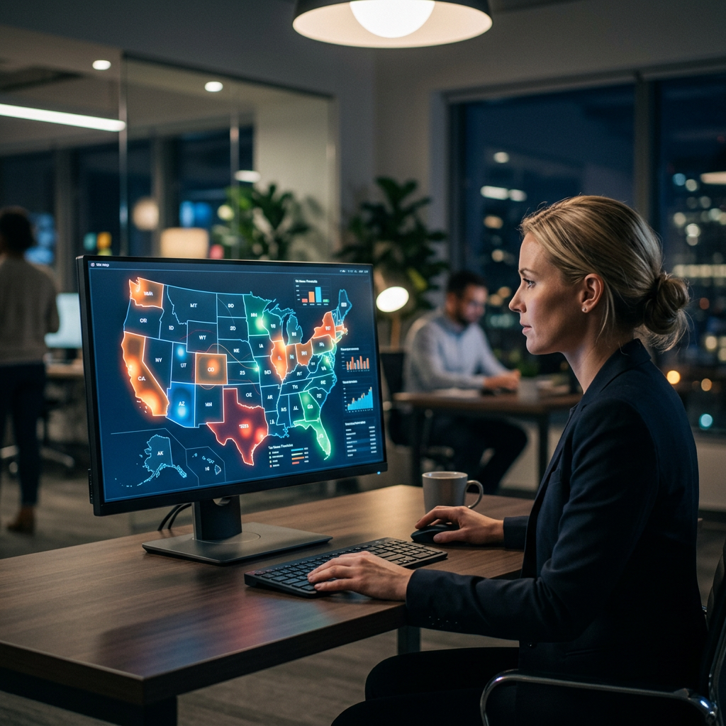 A high-tech dashboard displaying a map of the United States with glowing heat zones representing different tax nexus thr