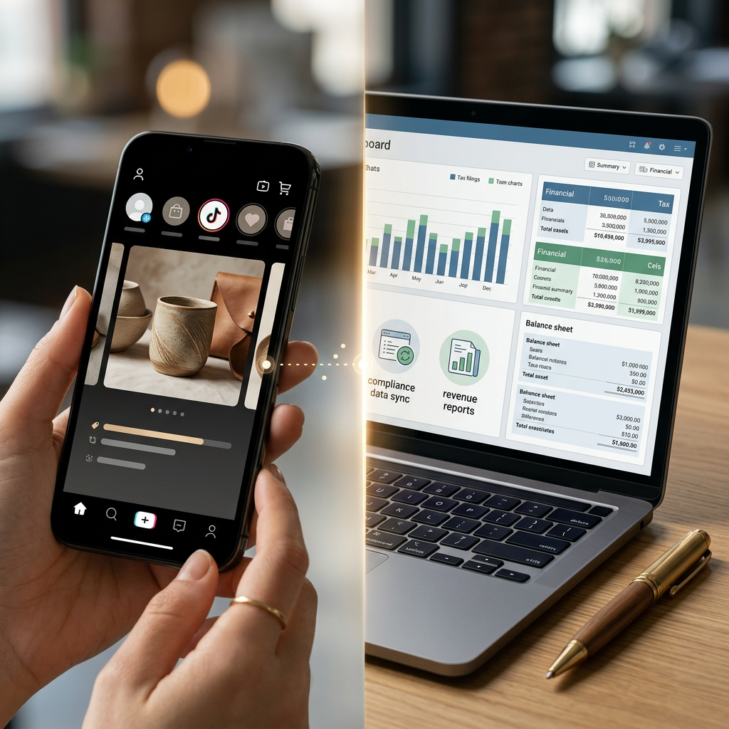 A split-screen view showing a mobile TikTok Shop interface and a professional accounting software interface syncing data
