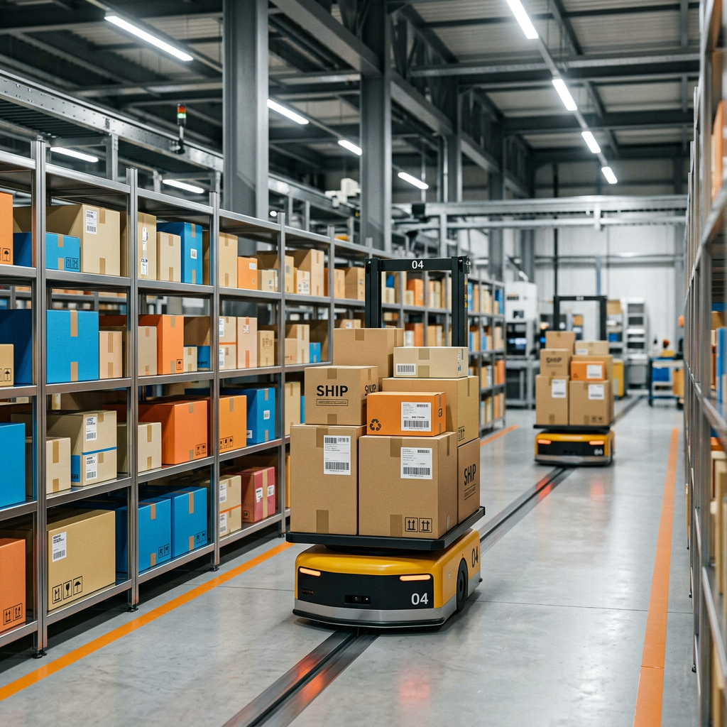 A modern warehouse environment with automated robotic pickers moving branded boxes under bright industrial LED lighting