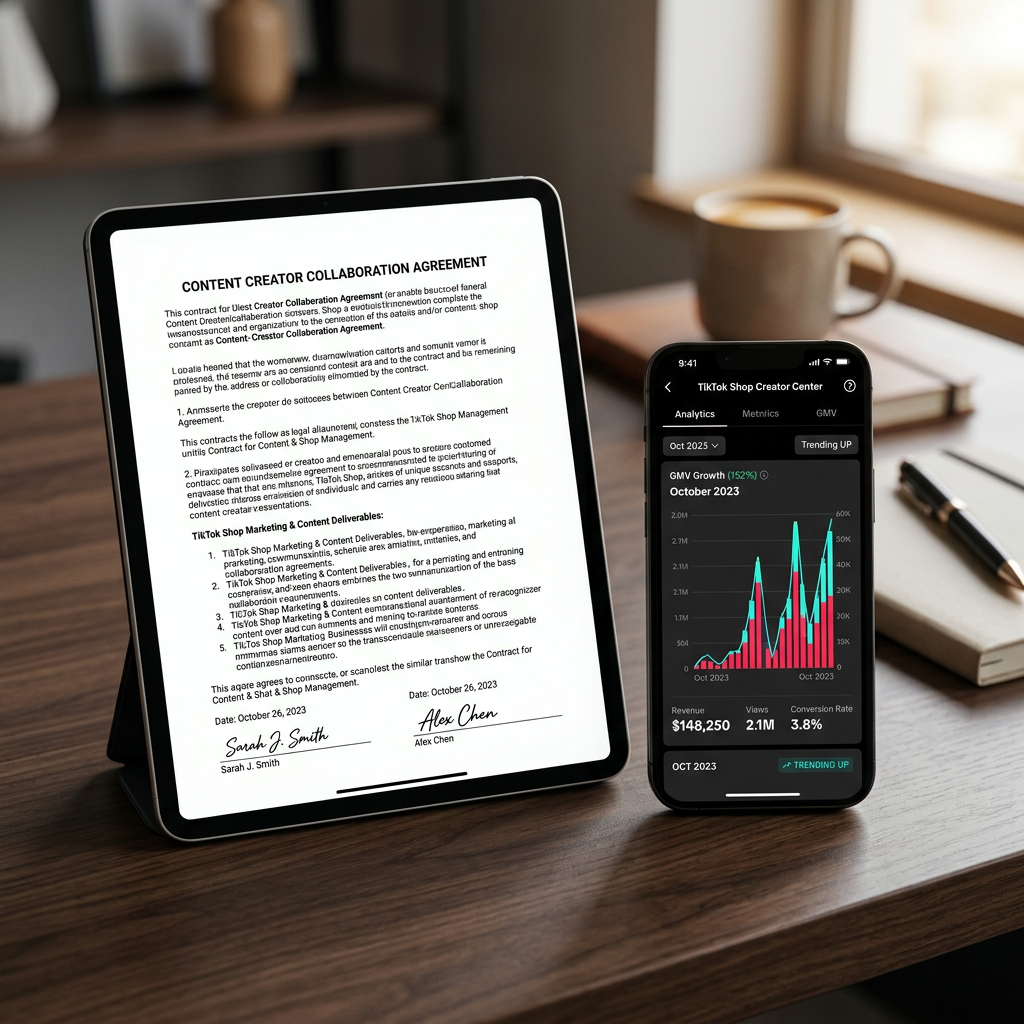 A close-up of a contract agreement on a tablet next to a smartphone displaying a booming TikTok Shop analytics chart