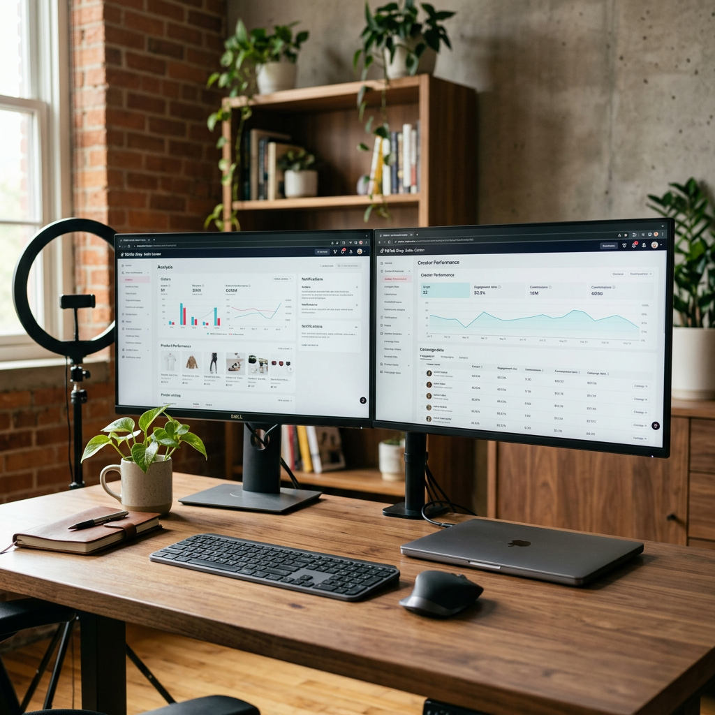 A modern home office desk with a dual monitor setup showing the TikTok Shop Seller Center dashboard and creator performa