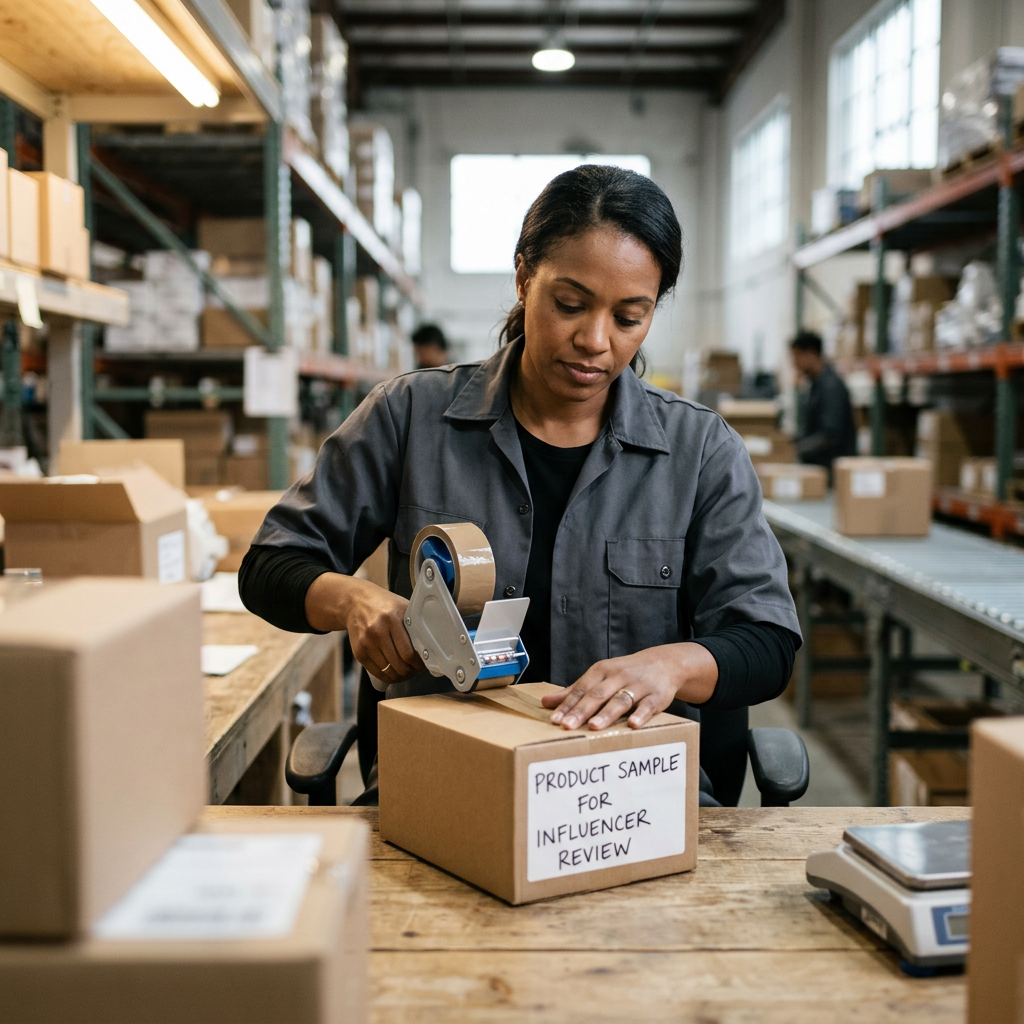 A professional logistics warehouse worker carefully packing a small parcel marked as a product sample for an influencer