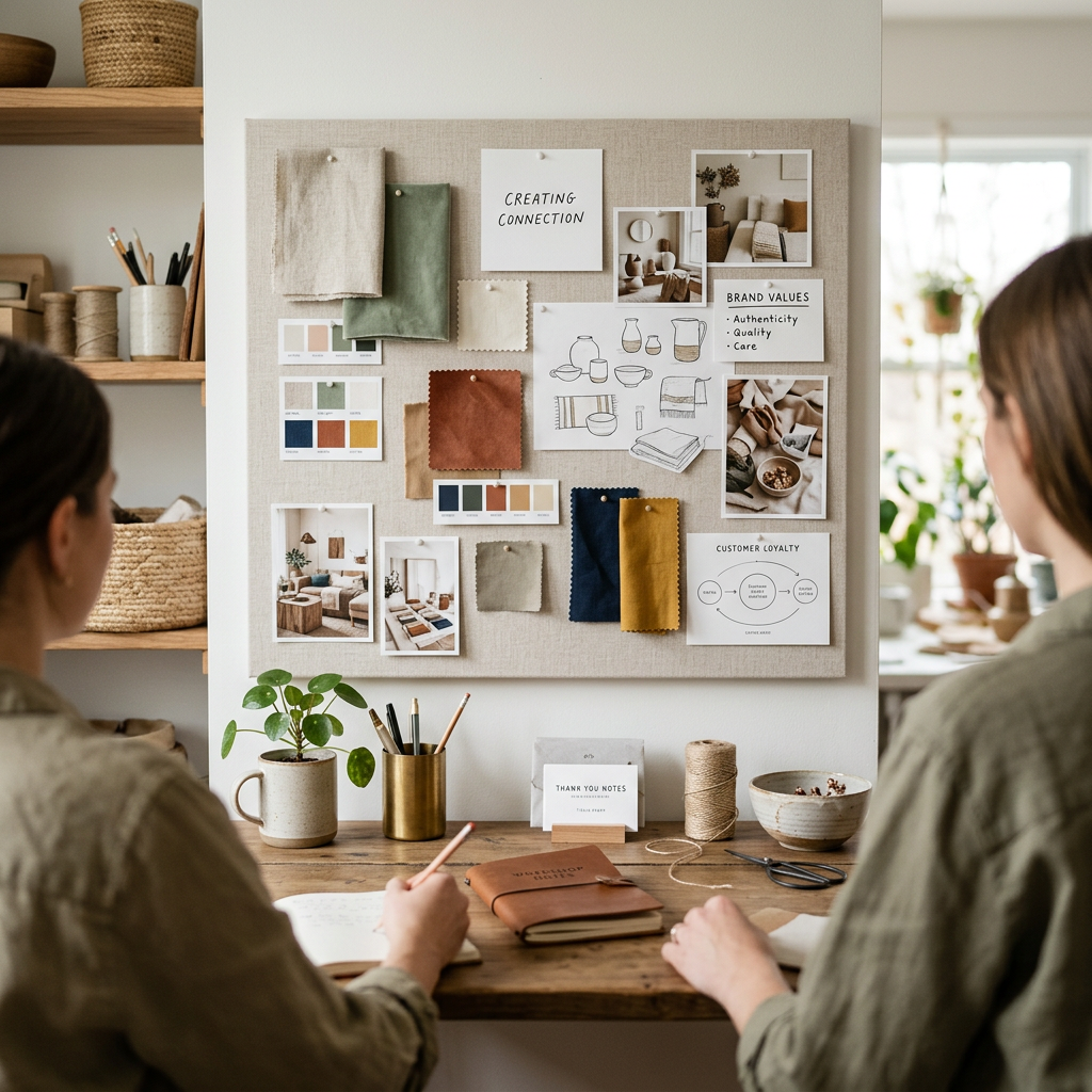 A minimalist designer's workspace with a mood board showing fabric swatches, color palettes, and sketches of artisan hom