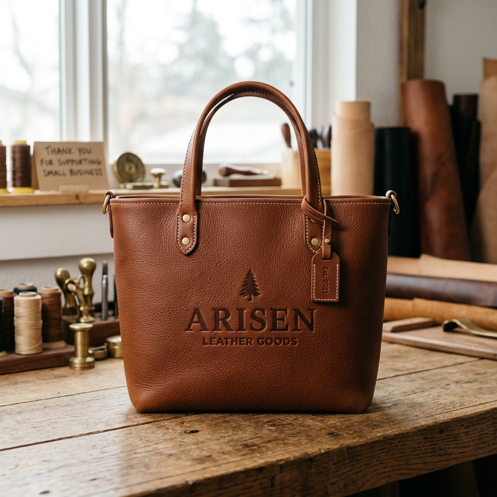 A close-up shot of a high-end leather bag with an embossed logo, reflecting premium quality and professional branding de