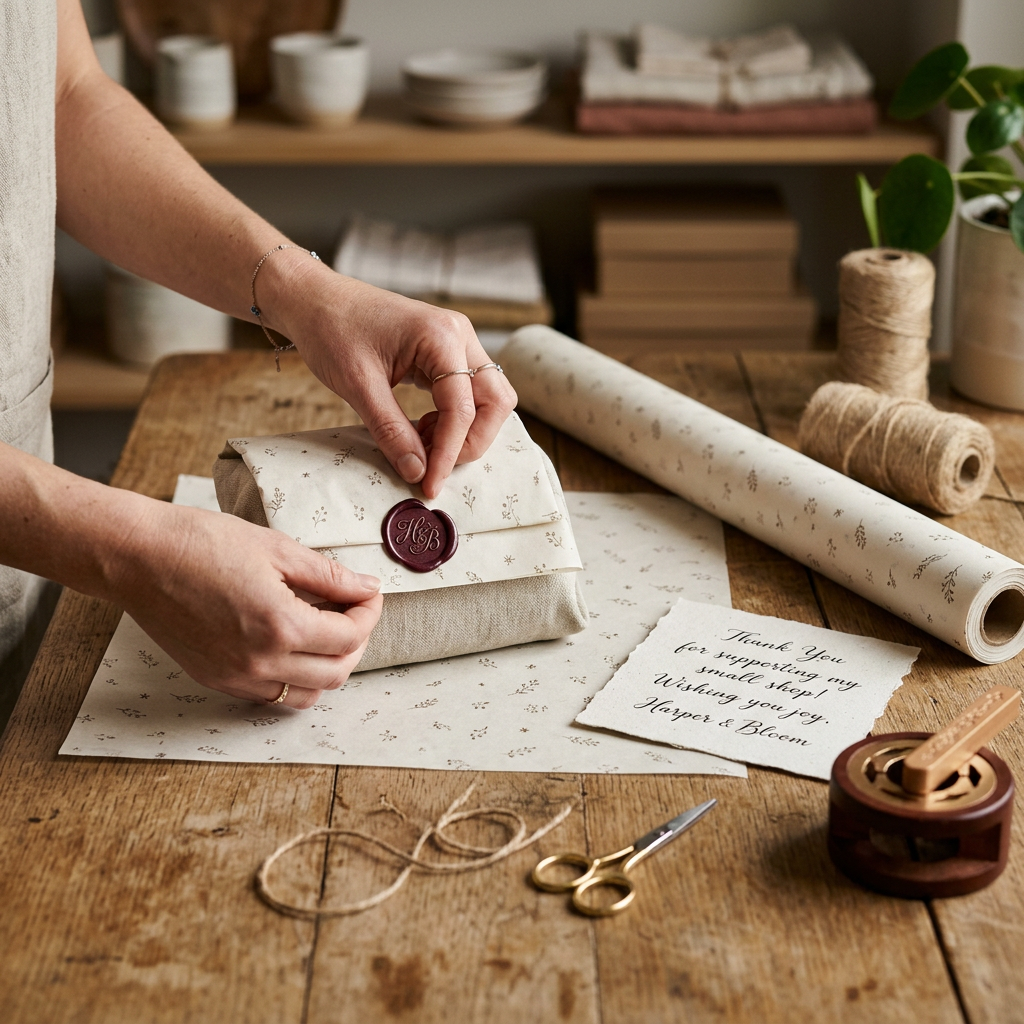 Hands carefully wrapping an item in custom branded tissue paper with a sophisticated wax seal and a thank-you card.