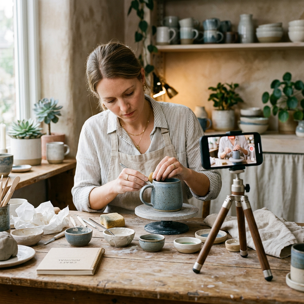 A smartphone propped up on a desk filming a high-quality video of a crafter assembling a handmade ceramic mug.