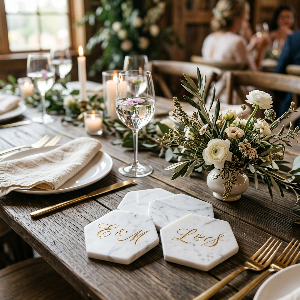 A close-up photoreal shot of elegant marble coasters engraved with gold initials on a rustic wooden wedding table settin