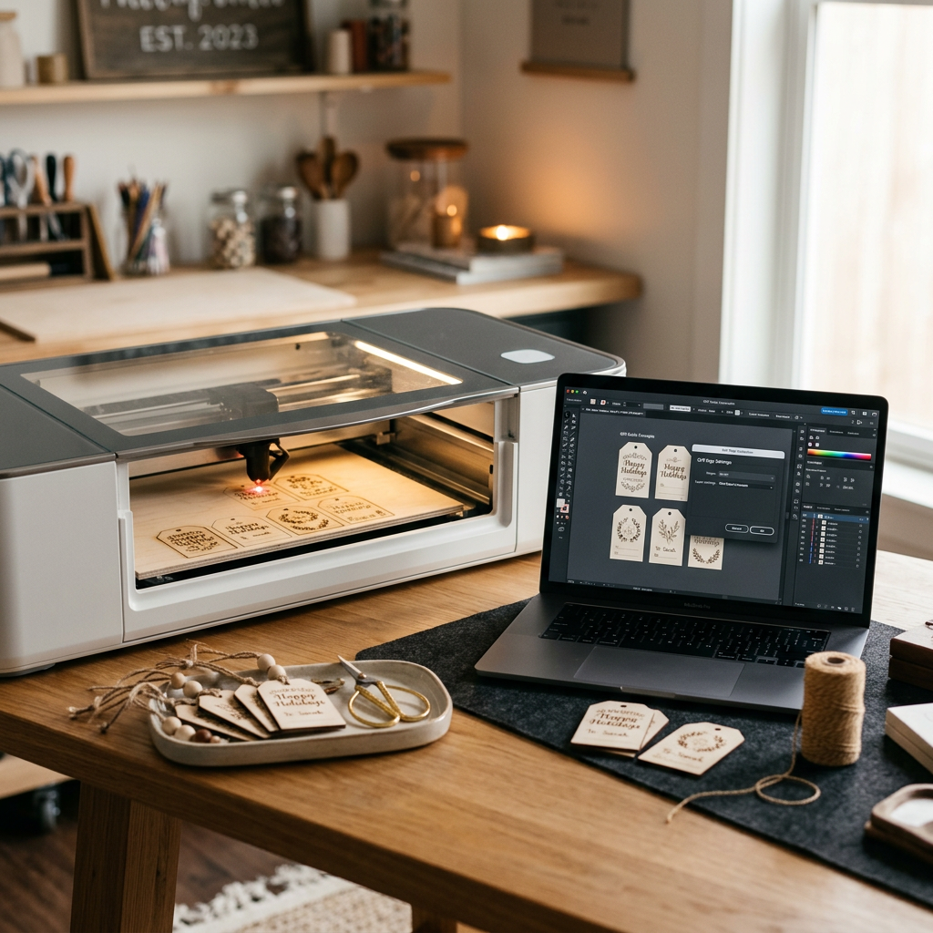 A modern workshop table with a laser engraver creating custom wooden tags alongside a laptop displaying design software