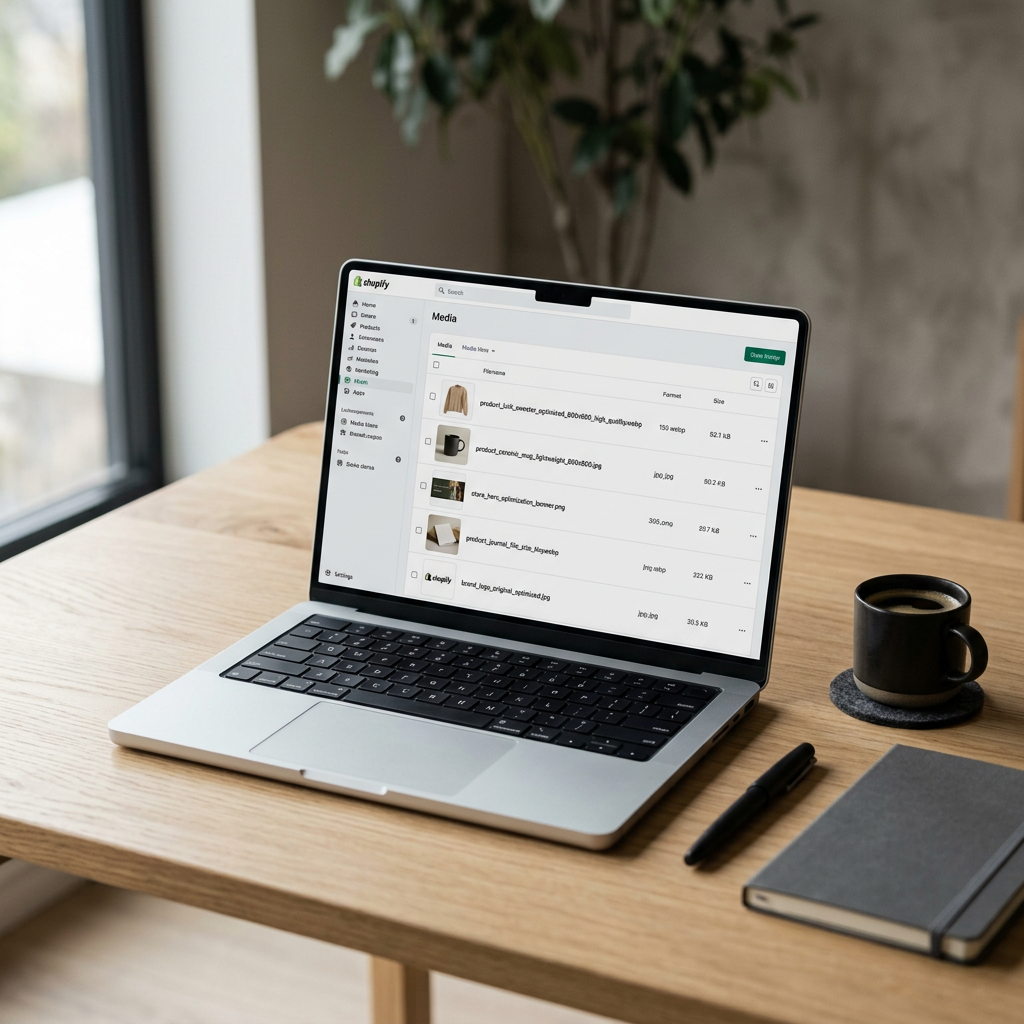 A minimalist wooden desk with a high-end laptop showing an organized Shopify media library with clear file names